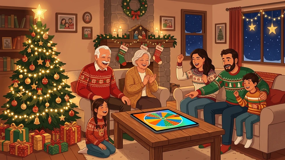 Familia reunida en el salón jugando a dinámicas navideñas durante las fiestas