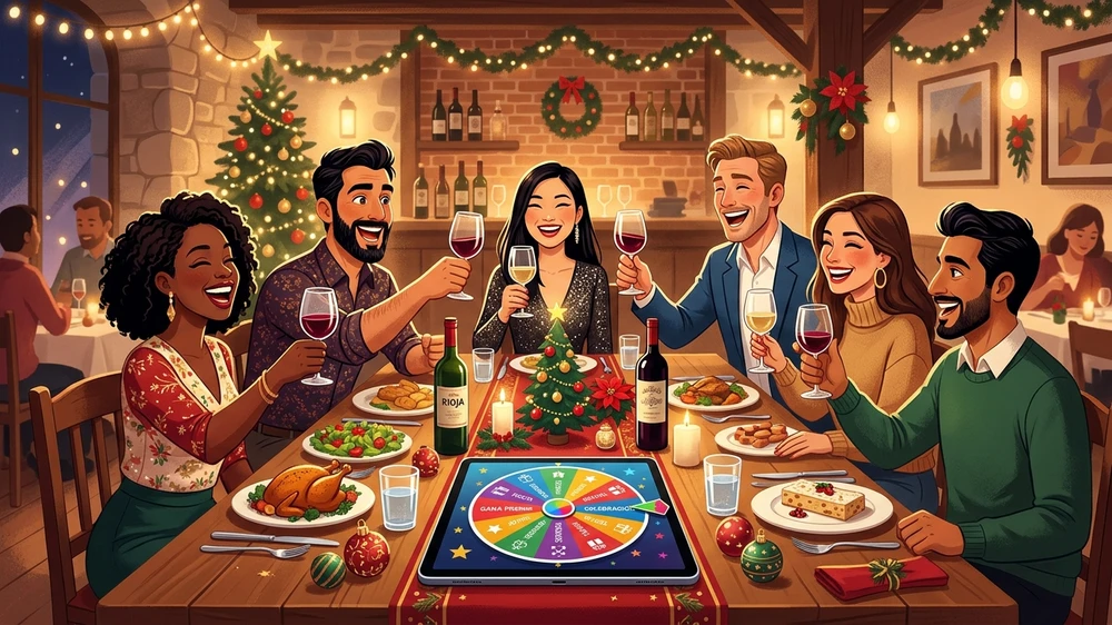 Compañeros de trabajo participando en dinámicas y juegos en una cena de empresa navideña